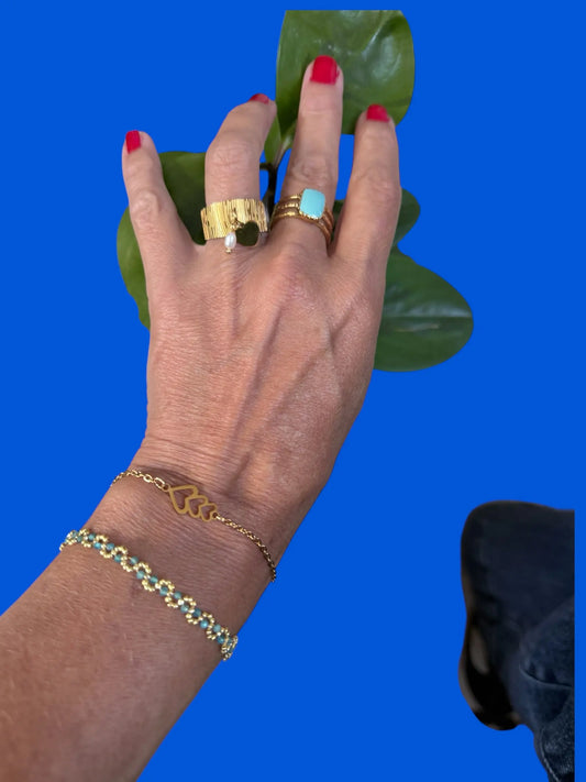 Détail breloques cœur et perle bague manchette dorée ajustable – Chéri Chérie
