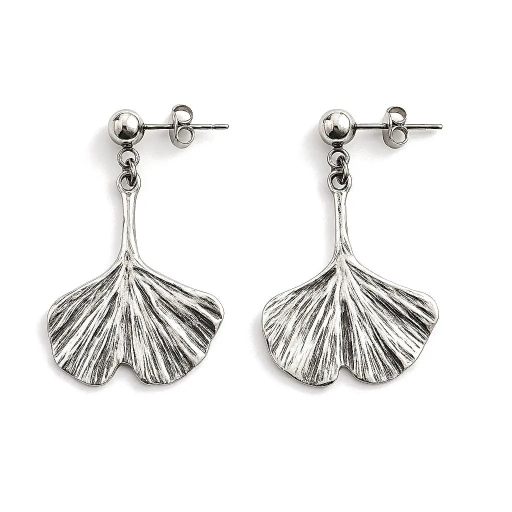 Boucles d'oreilles feuilles de ginkgo argentées acier inoxydable 316L - Chéri Chérie