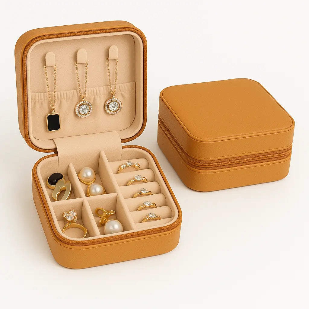 Boîte à bijoux CARAMEL compacte simili cuir camel fermeture éclair 10x10x5 cm femme - Chéri Chérie