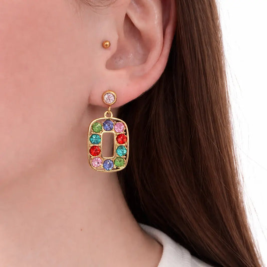 Boucles d'Oreilles Blanche - Rectangles Dorés Zircons Multicolores Chéri Chérie