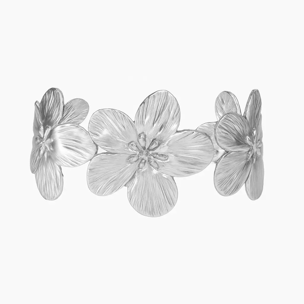 Bracelet jonc fleurs argenté acier inoxydable 316L grandes fleurs gravées - Chéri Chérie
