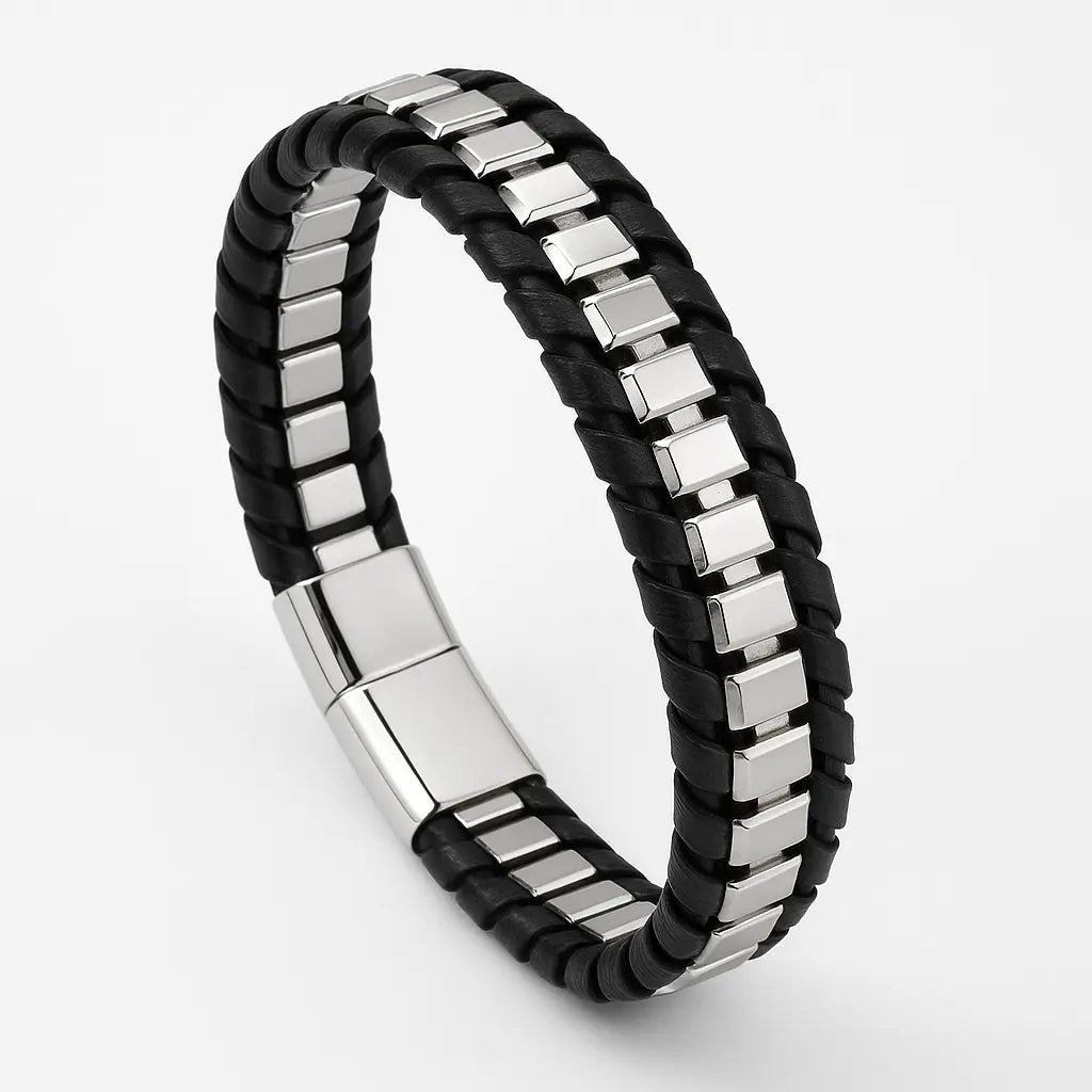 Bracelet homme acier cuir noir tressé acier inoxydable 316L fermoir magnétique - Chéri Chérie