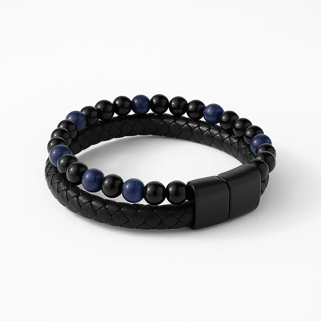 Bracelet double homme cuir pierres naturelles bleues 22 cm - Chéri Chérie
