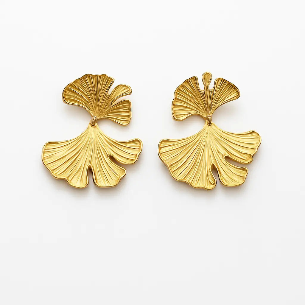 Boucles d'oreilles feuilles de ginkgo dorées acier inoxydable 316L plaqué or 18K - Chéri Chérie