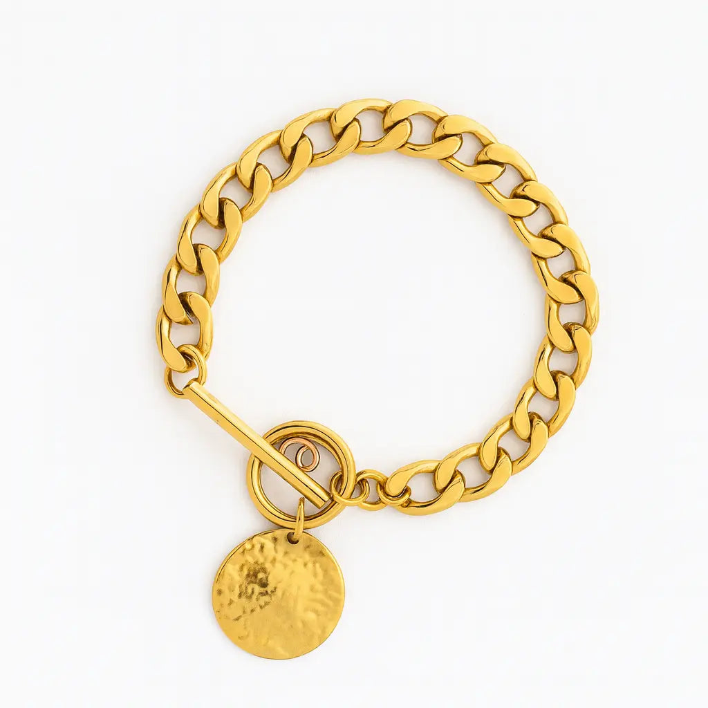 Bracelet chaîne gourmette dorée avec médaillon martelé acier inoxydable 316L - Chéri Chérie