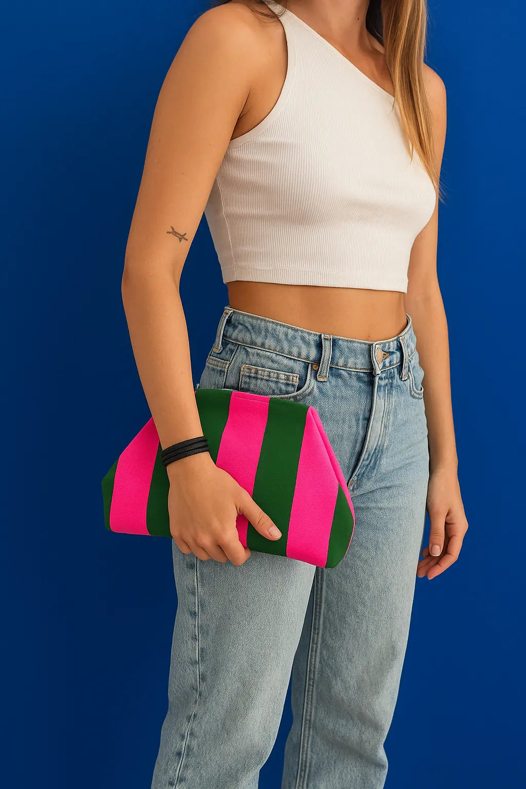 Pochette FLORA rayée vert rose portée femme style coloré vitaminé accessoire tendance printemps été - Chéri Chérie