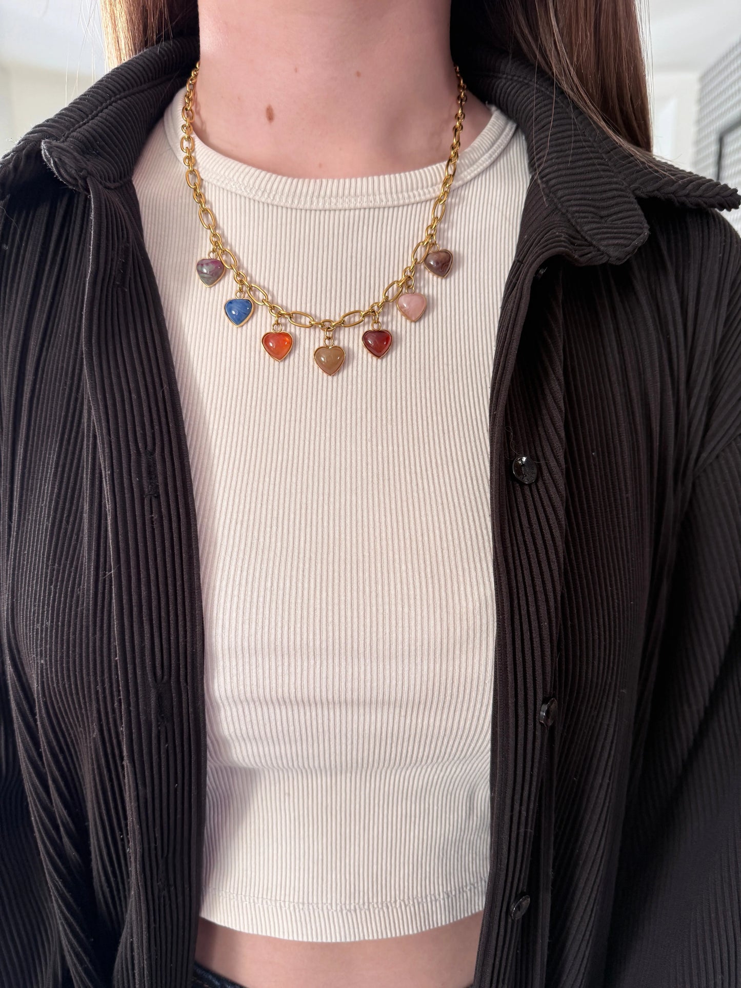 Collier Juliette - Chaîne Dorée Cœurs Pierres Naturelles Chéri Chérie