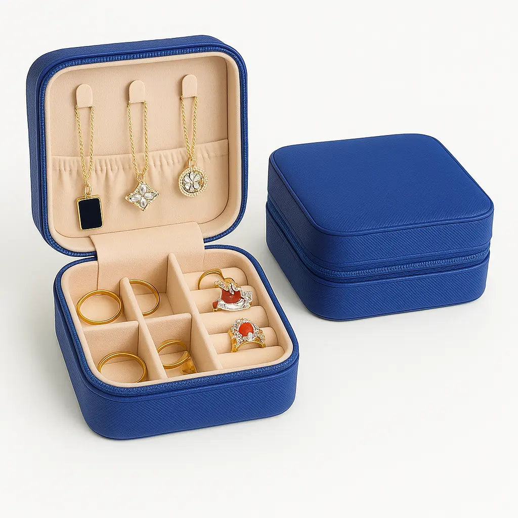 Boîte à bijoux SAPHIR compacte simili cuir bleu roi fermeture éclair 10x10x5 cm femme - Chéri Chérie