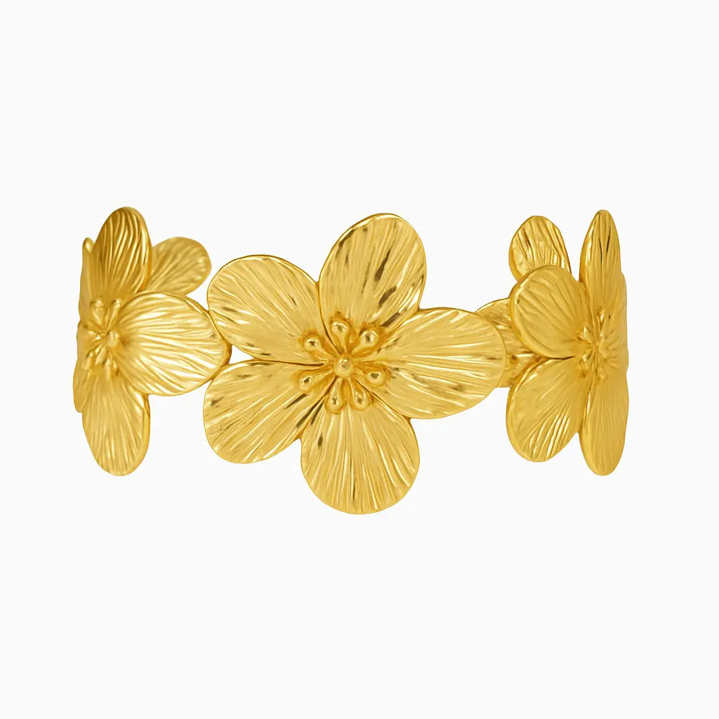 Bracelet jonc fleurs doré acier inoxydable 316L plaqué or 18K grandes fleurs gravées - Chéri Chérie