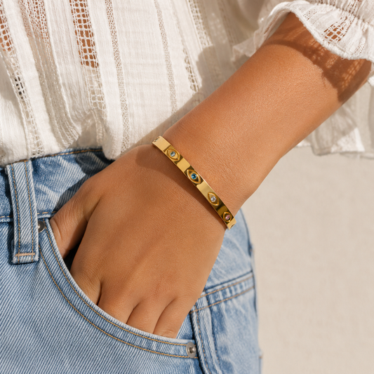 Bracelet Jonc Doré – Œil & Strass Multicolores Chéri Chérie