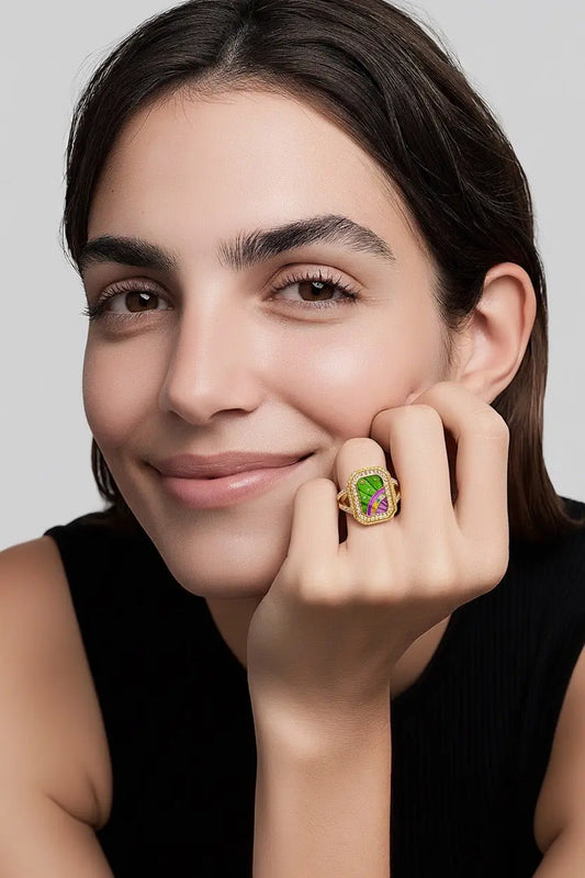 Bague Octavie - Émail Vert Rose Zircons Dorée Art Déco Chéri Chérie