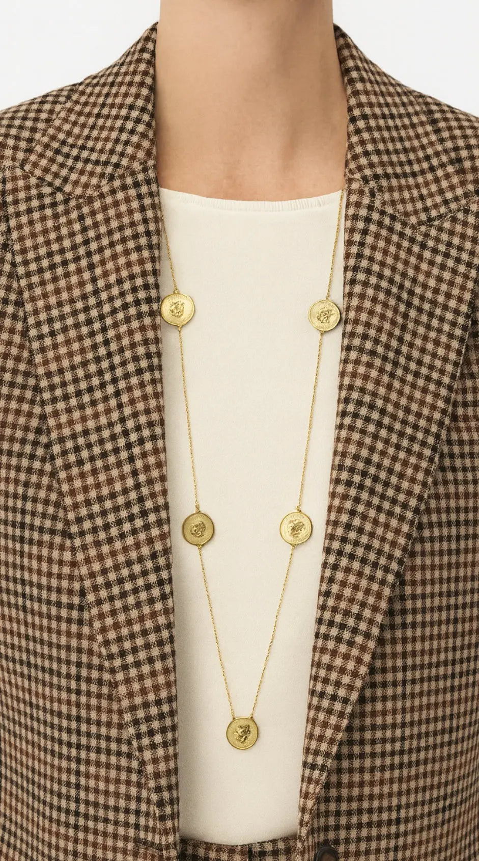 Sautoir EMPIRE pièces dorées porté femme look chic audacieux bijou long - Chéri Chérie