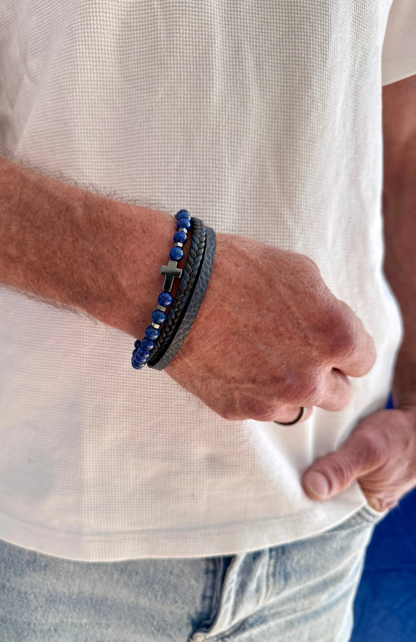 Bracelet triple rang homme pierres naturelles cuir porté poignet homme - Chéri Chérie