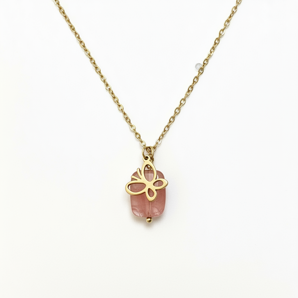 Collier Quartz Rose & Papillon Doré