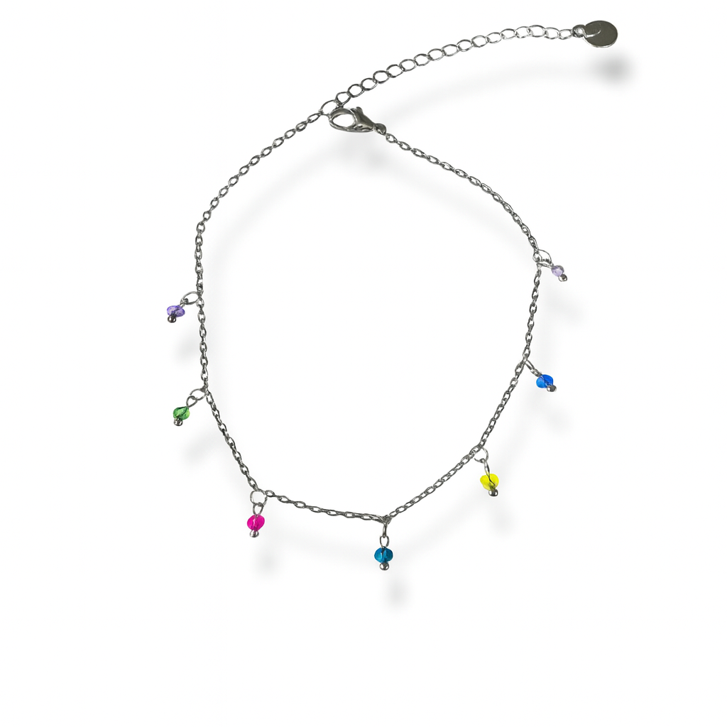 Chaîne de cheville argent avec petites breloques colorés