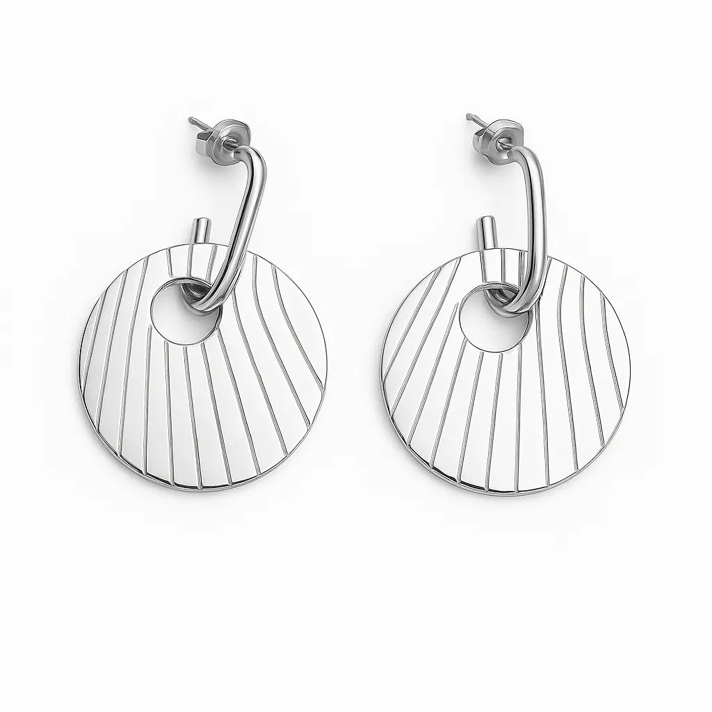 Boucles d'oreilles disques rainurés argentées acier inoxydable 316L - Chéri Chérie
