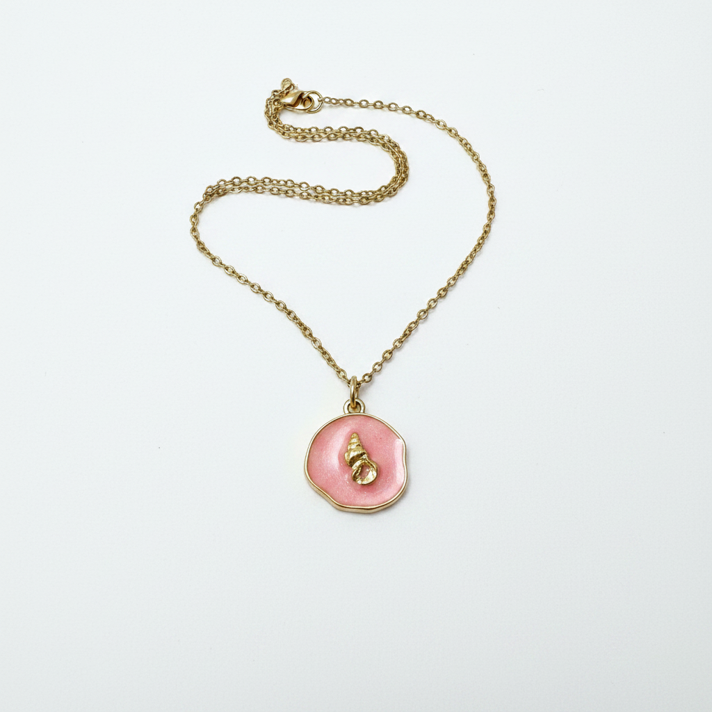 Collier Médaillon Rose & Coquillage Doré — Chaîne Fine Dorée