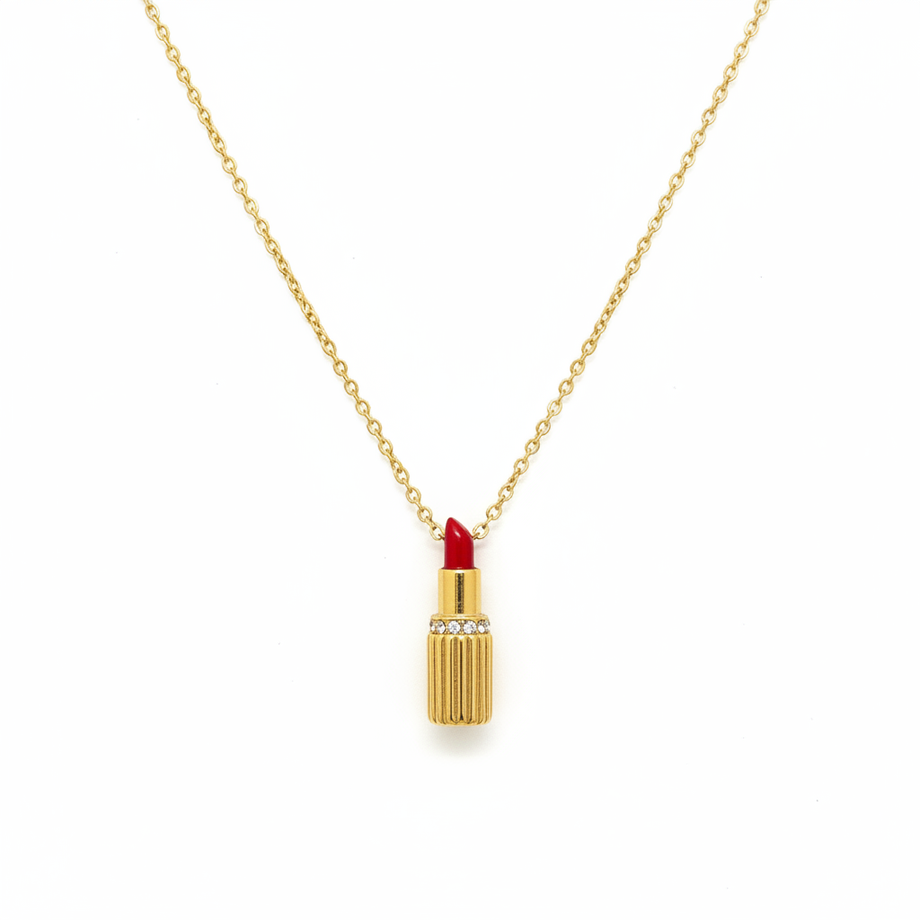 Collier Rouge à Lèvres — Charm Doré & Chaîne Fine Dorée