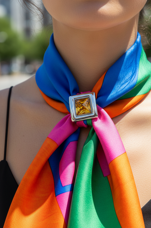 Broche pyramide ambre argentée portée sur un foulard coloré – bijou fantaisie femme Chéri Chérie