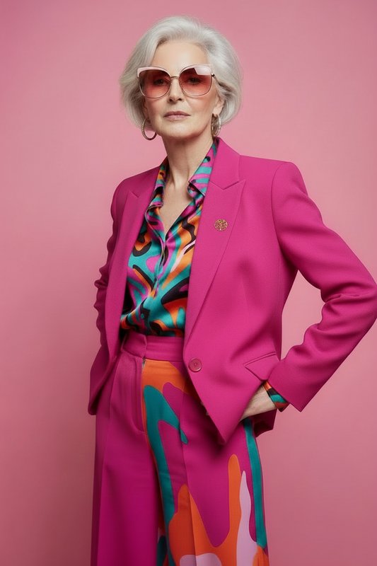 Broche arbre de vie dorée avec cœurs portée sur un blazer rose, fond rose flashy – Chéri Chérie