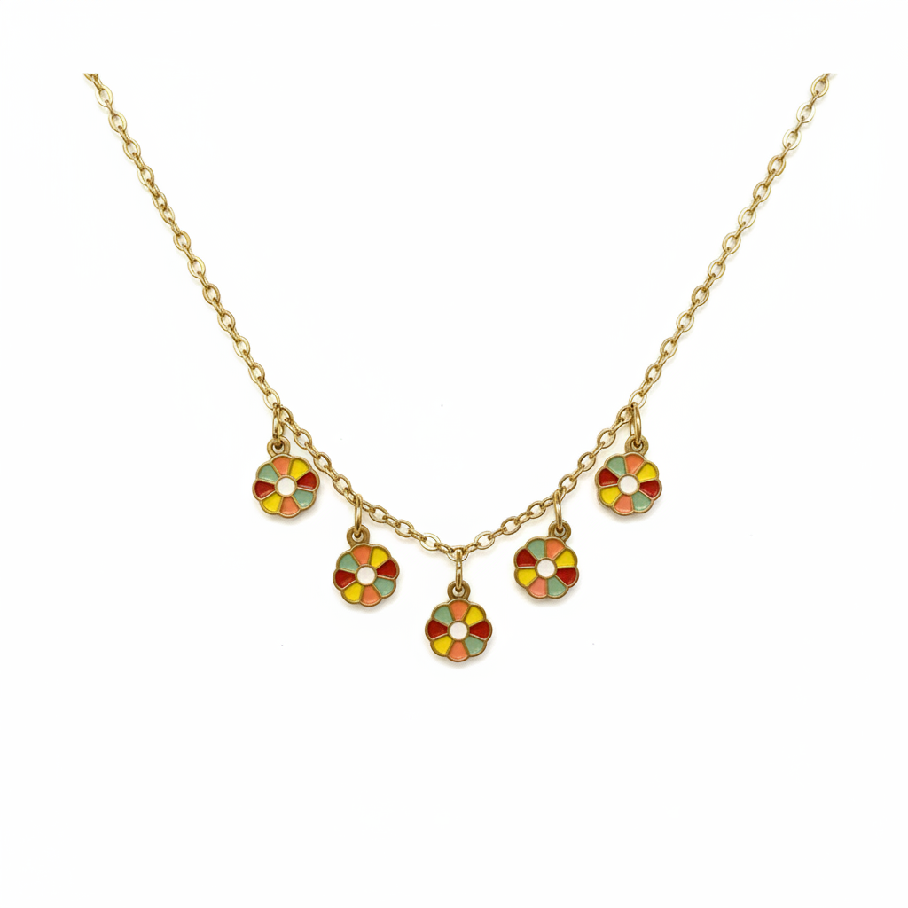 Collier Multi-Fleurs Émail — 5 Marguerites Colorées & Chaîne Dorée
