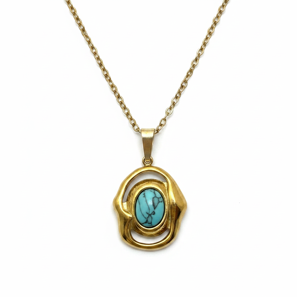 Collier Turquoise & Monture Sculptée Dorée — Chaîne Fine Dorée