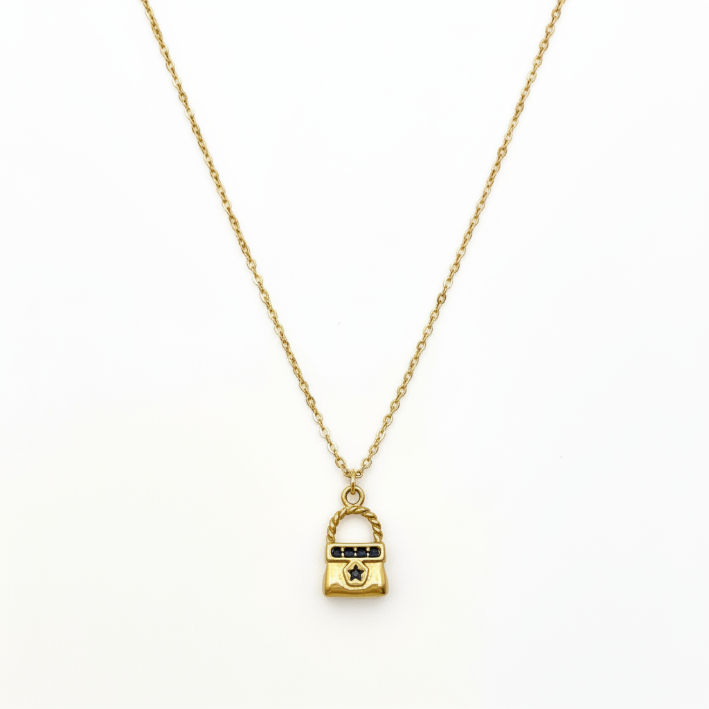 Collier Mini Sac à Main — Charm Doré & Chaîne Fine Dorée