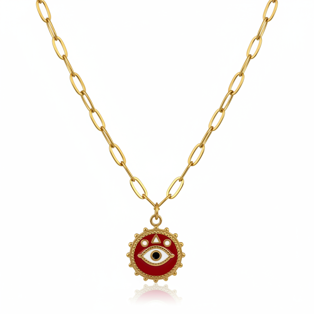 Collier Evil Eye Rouge — Grosse Chaîne Dorée Maille Ovale