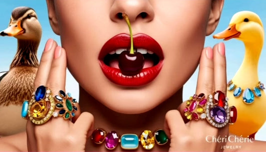 Femme portant des bagues et un collier colorés en pierres multicolores, avec le logo Chéri Chérie Jewelry