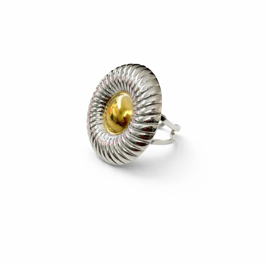 Bague Rhute disque strié argenté centre doré acier chirurgical 316L – Chéri Chérie