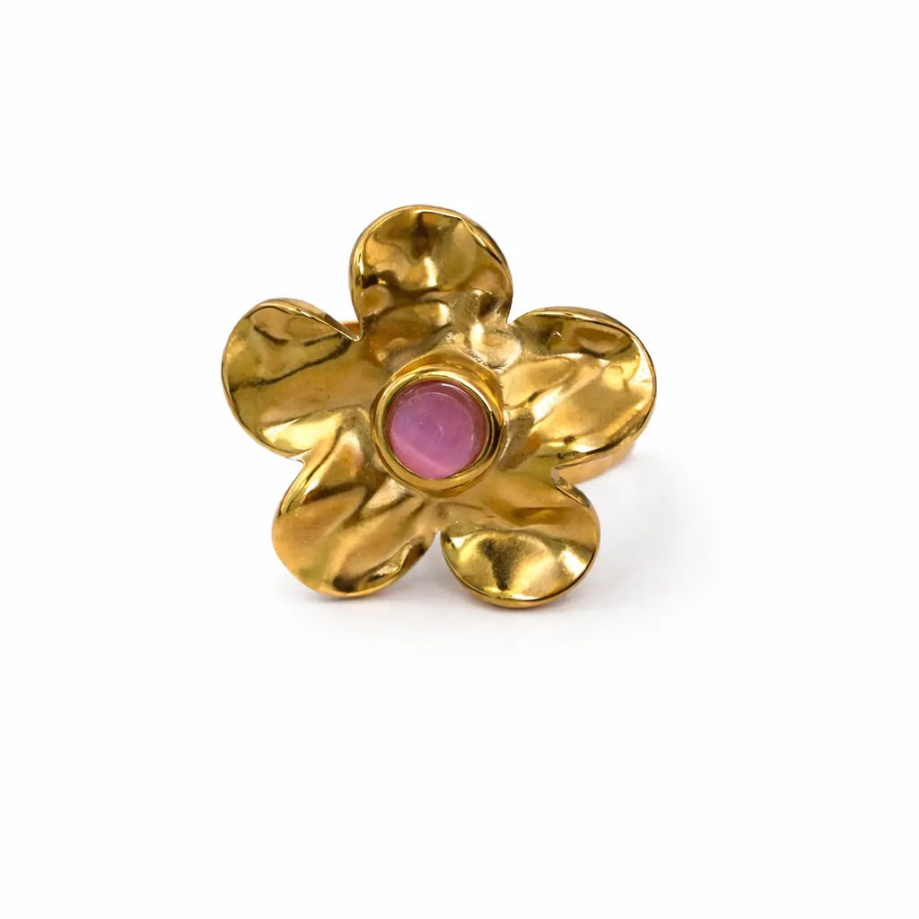Bague Simone fleur dorée 5 pétales pierre naturelle rose cabochon acier 316L – Chéri Chérie