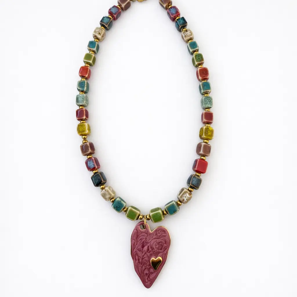 Collier céramique perles multicolores cœur rose acier inoxydable - Chéri Chérie
