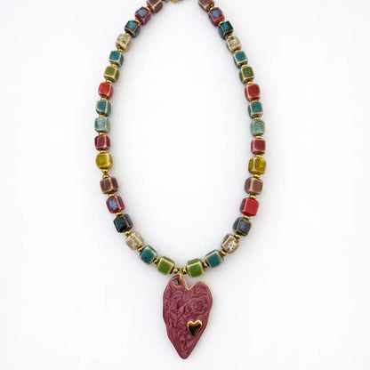 Collier céramique perles multicolores cœur rose acier inoxydable - Chéri Chérie
