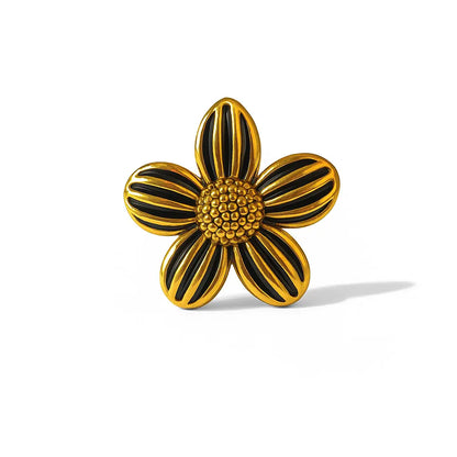 Bague fleur noire et or dorée grande fleur cannelée acier 316L ajustable – Chéri Chérie
