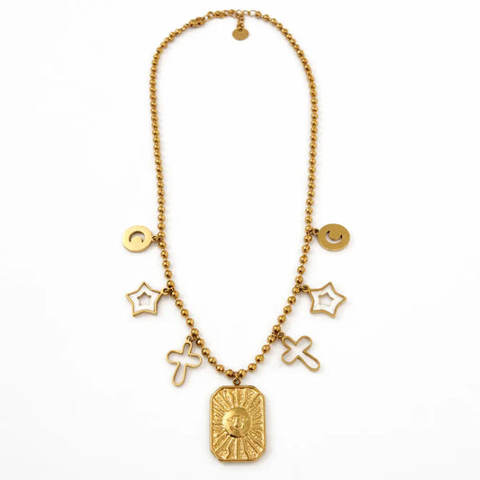 Collier Solange- Chaîne Billes Dorée Médaille Sole Symboles Chéri Chérie