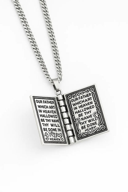 Collier Holy Book pendentif livre ouvrant acier chirurgical argent vieilli - Chéri Chérie
