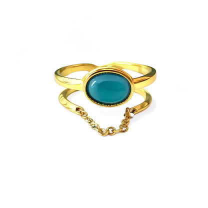 Bague duo chaîne amazonite dorée double anneau pierre verte acier 316L – Chéri Chérie