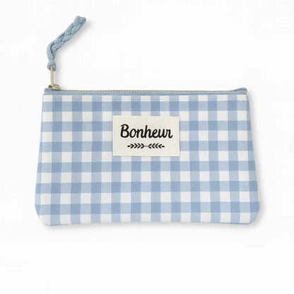 Pochette vichy bleu clair et blanc patch Bonheur accessoire positif – Chéri Chérie
