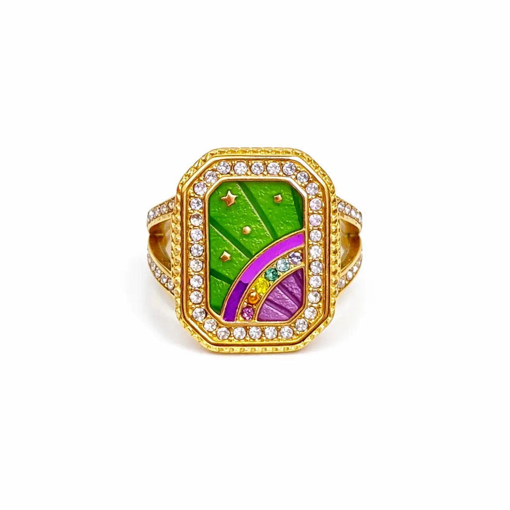 Bague Octavie - Émail Vert Rose Zircons Dorée Art Déco Chéri Chérie