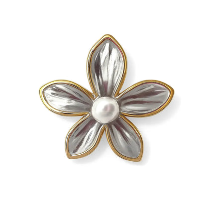 Bague fleur baroque bicolore or et argent grande fleur miroir perle centrale acier 316L – Chéri Chérie