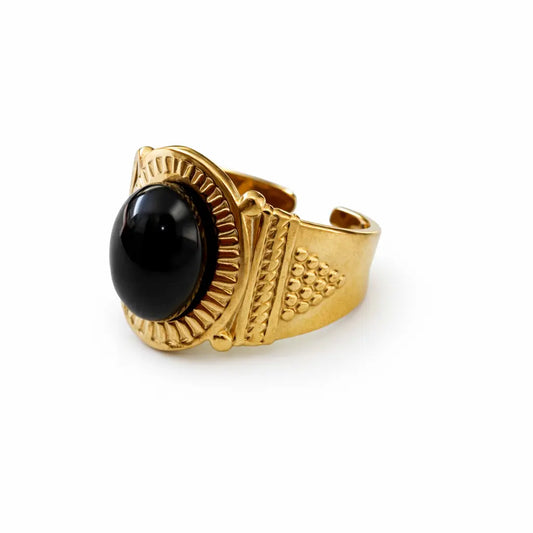 Bague Berthe tribal résine noire dorée acier inoxydable 316L ajustable - Chéri Chérie