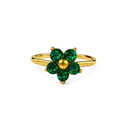 Bague petite fleur émeraude dorée cristaux verts acier 316L ajustable – Chéri Chérie