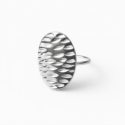 Bague disque ovale martelé argenté pastille texturée anneau fin acier 316L – Chéri Chérie