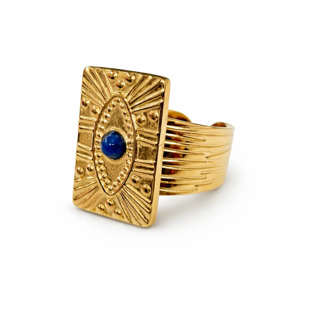 Bague Athéna œil mystique résine bleue gravures dorées acier chirurgical 316L – Chéri Chérie
