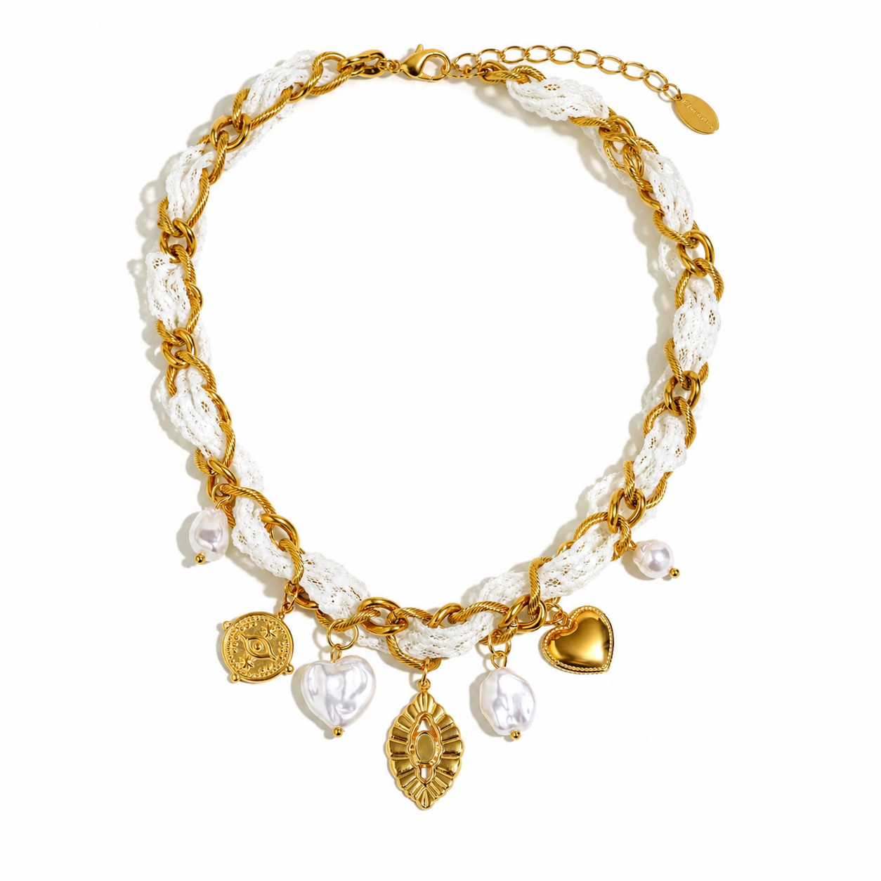 Collier Dentelle Doré – Perles, Œil & Cœur Chéri Chérie