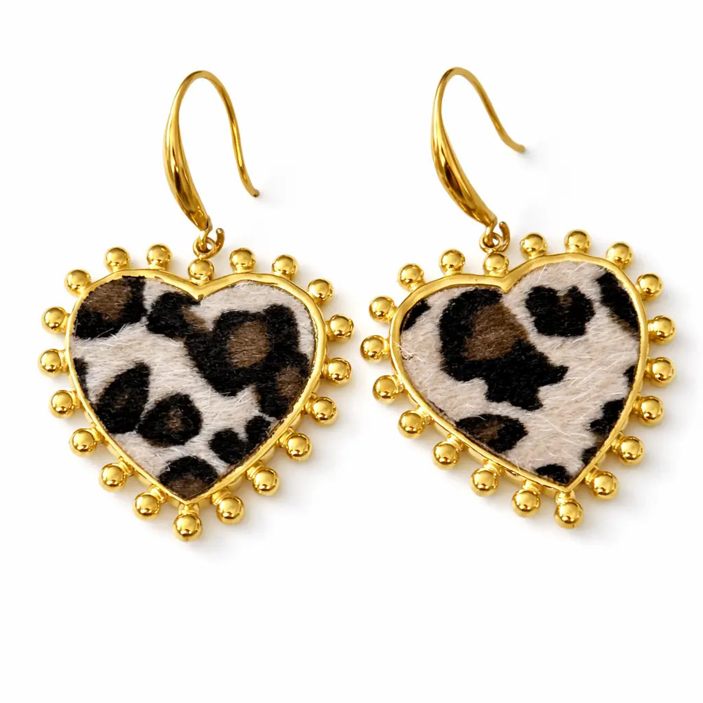 Boucles d'oreilles Love Ranch cœur léopard dorées acier inoxydable 316L - Chéri Chérie