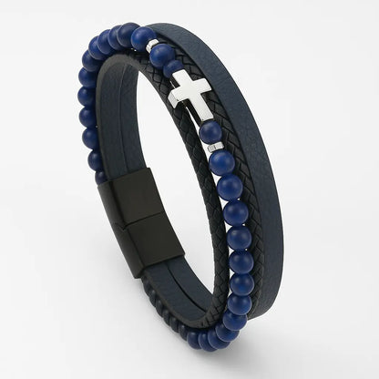 Bracelet triple rang homme pierres naturelles cuir 20,5 cm - Chéri Chérie