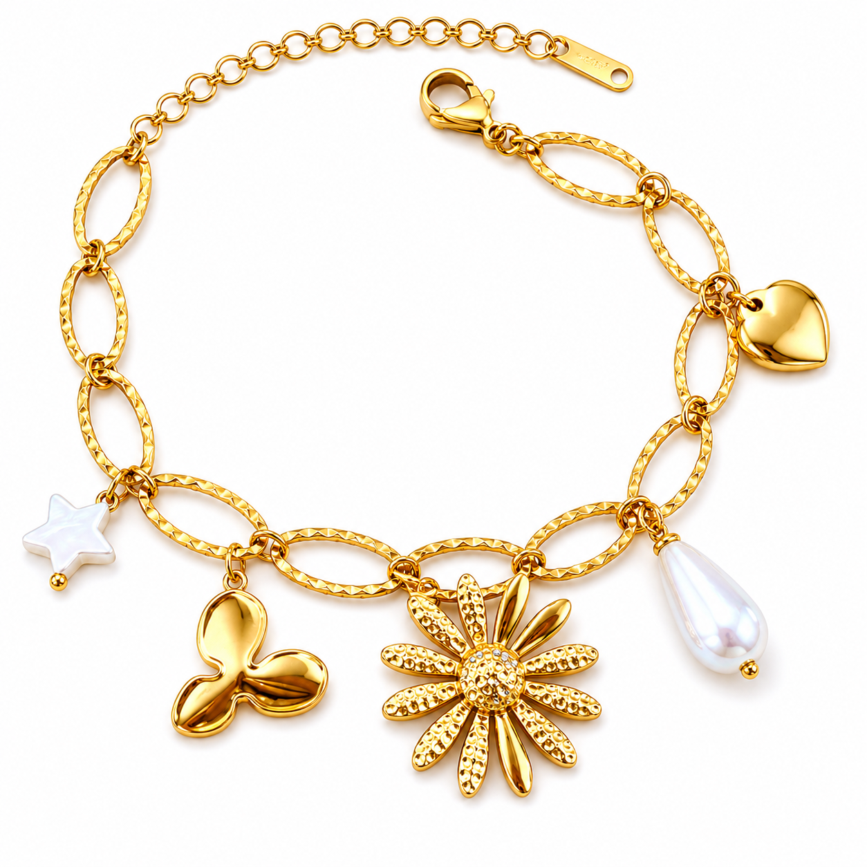 Bracelet Charmé Doré – Breloques Fleur, Papillon, Perle & Cœur