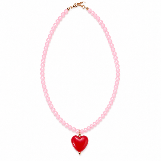 Collier Cœur Rouge Perles Roses Chéri Chérie
