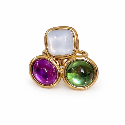 Bague Suzanne 3 pierres multicolores violet vert blanc dorée acier inoxydable 316L ajustable - Chéri Chérie